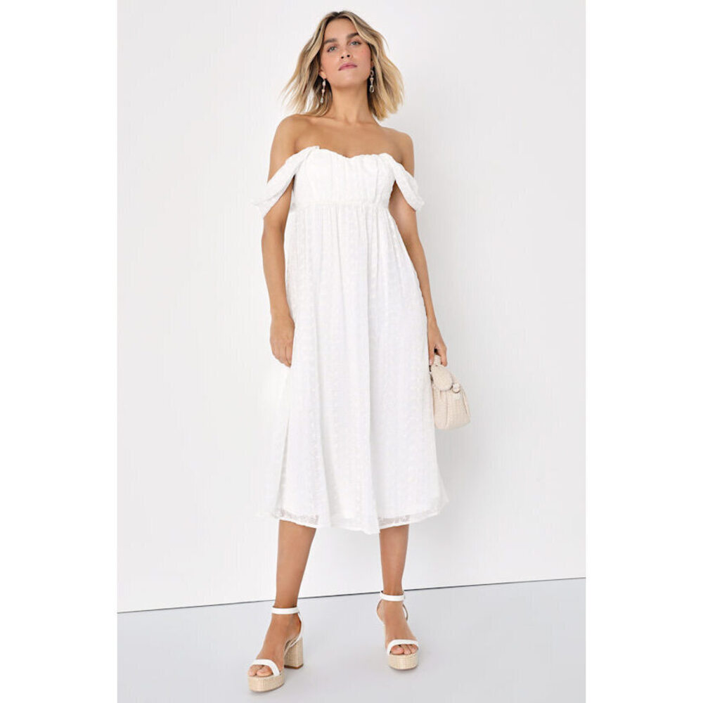 Lulus Lovely Charisma White Eyelet Embroidered Off-the-shoulder Dress - Size M